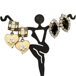 Vintage Earrings Set, Heart Drop Enamel Style Rhinestone & Black Crystal Studs